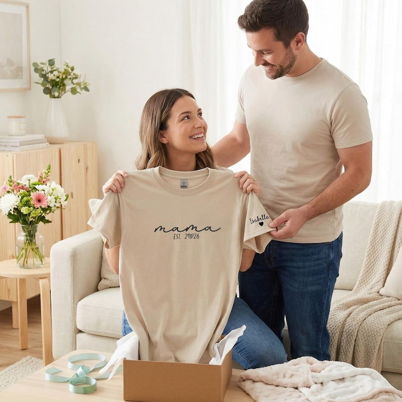 Custom Embroidered First Mother’s Day Shirt for Mom, Mama Shirt With Kids Names, New Mom Gift from Baby