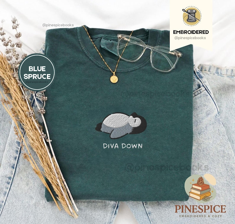 Diva Down Penguin T-Shirt, Funny Penguin Embroidered Tee, Cute Animal Shirt, Comfort Colors T-Shirt