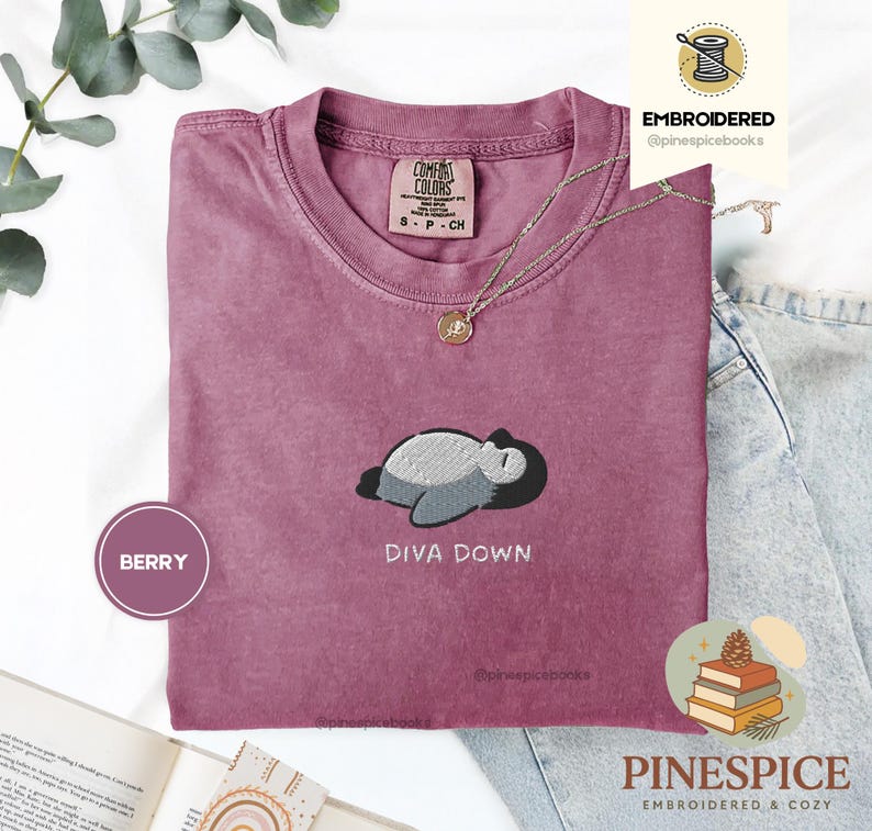 Diva Down Penguin T-Shirt, Funny Penguin Embroidered Tee, Cute Animal Shirt, Comfort Colors T-Shirt