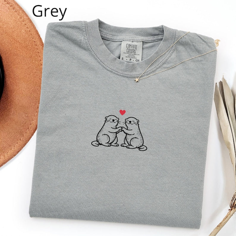 Two Otters with Heart T-Shirt, Otter Engagement, Gift for Her, Otter Half Tshirt, Love Otter T Shirt, Otter Couple Shirt