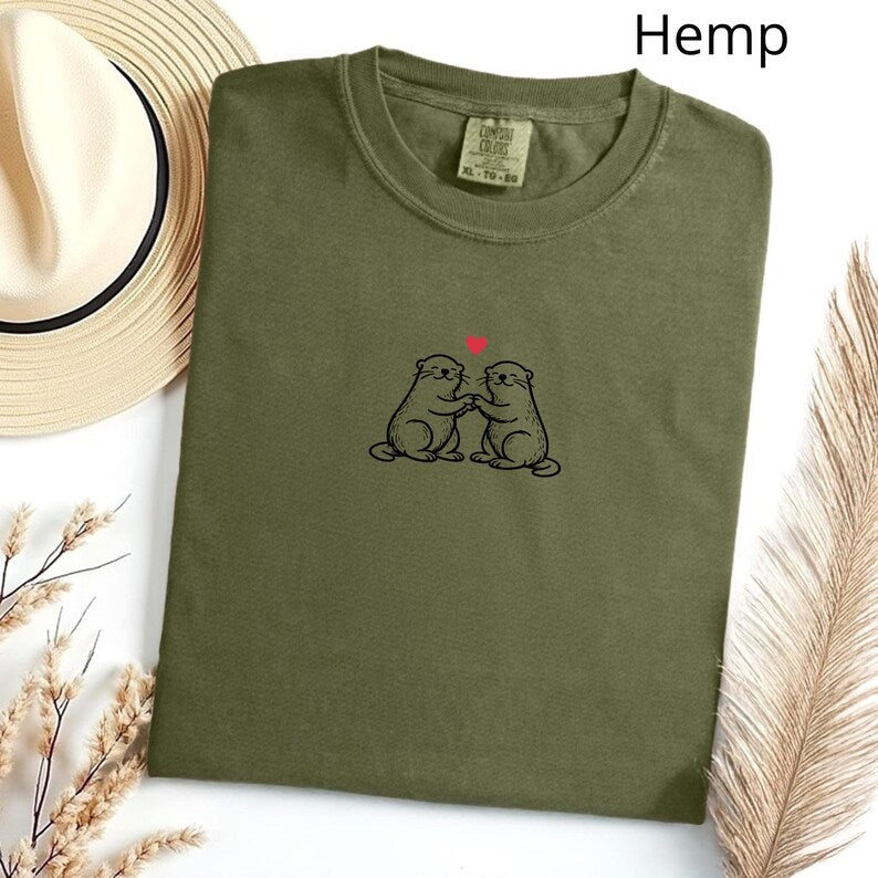 Two Otters with Heart T-Shirt, Otter Engagement, Gift for Her, Otter Half Tshirt, Love Otter T Shirt, Otter Couple Shirt