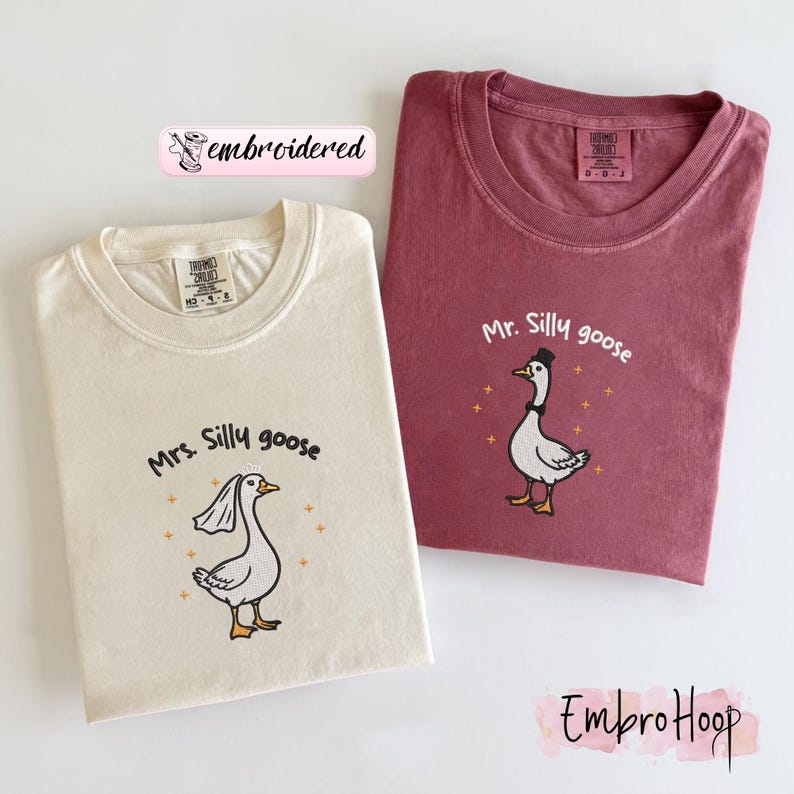 Comfort Colors® Embroidered Mrs. and Mr. Silly Goose Shirt, Newlyweds Tee, Honeymoon Tee, Matching Married Couple Tee, Couple Anniversary
