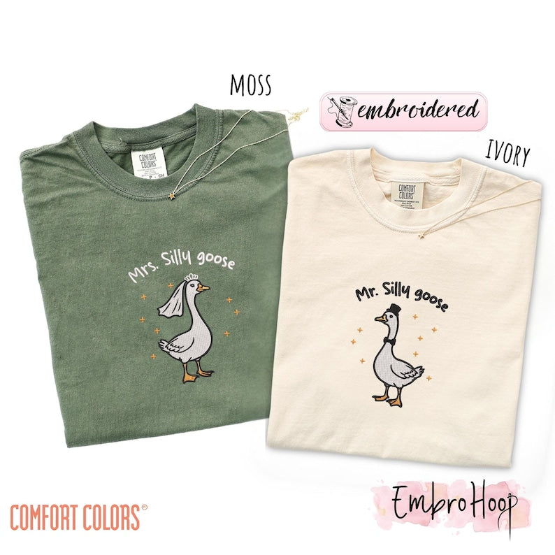 Comfort Colors® Embroidered Mrs. and Mr. Silly Goose Shirt, Newlyweds Tee, Honeymoon Tee, Matching Married Couple Tee, Couple Anniversary