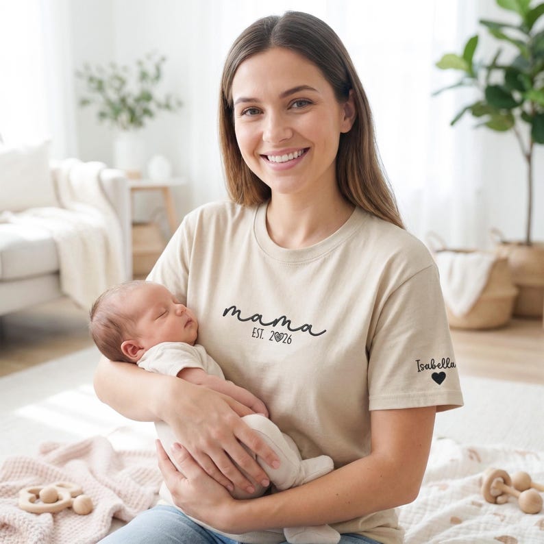 Custom Embroidered First Mother’s Day Shirt for Mom, Mama Shirt With Kids Names, New Mom Gift from Baby