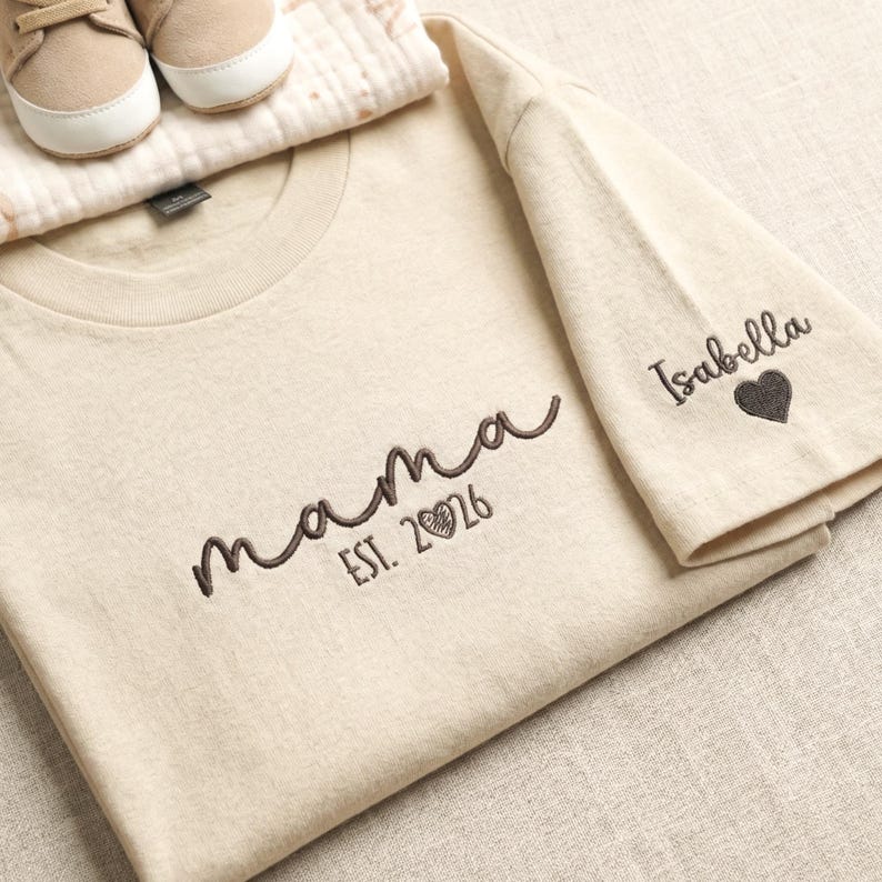 Custom Embroidered First Mother’s Day Shirt for Mom, Mama Shirt With Kids Names, New Mom Gift from Baby