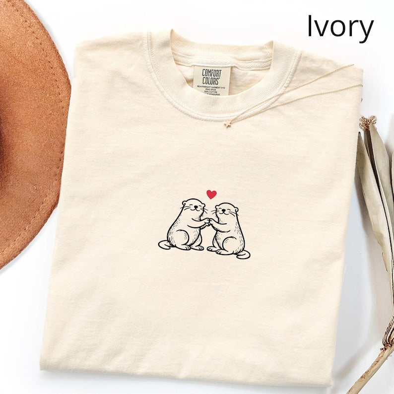Two Otters with Heart T-Shirt, Otter Engagement, Gift for Her, Otter Half Tshirt, Love Otter T Shirt, Otter Couple Shirt