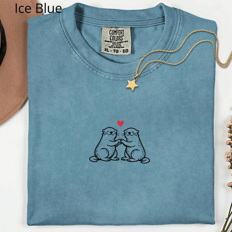 Two Otters with Heart T-Shirt, Otter Engagement, Gift for Her, Otter Half Tshirt, Love Otter T Shirt, Otter Couple Shirt