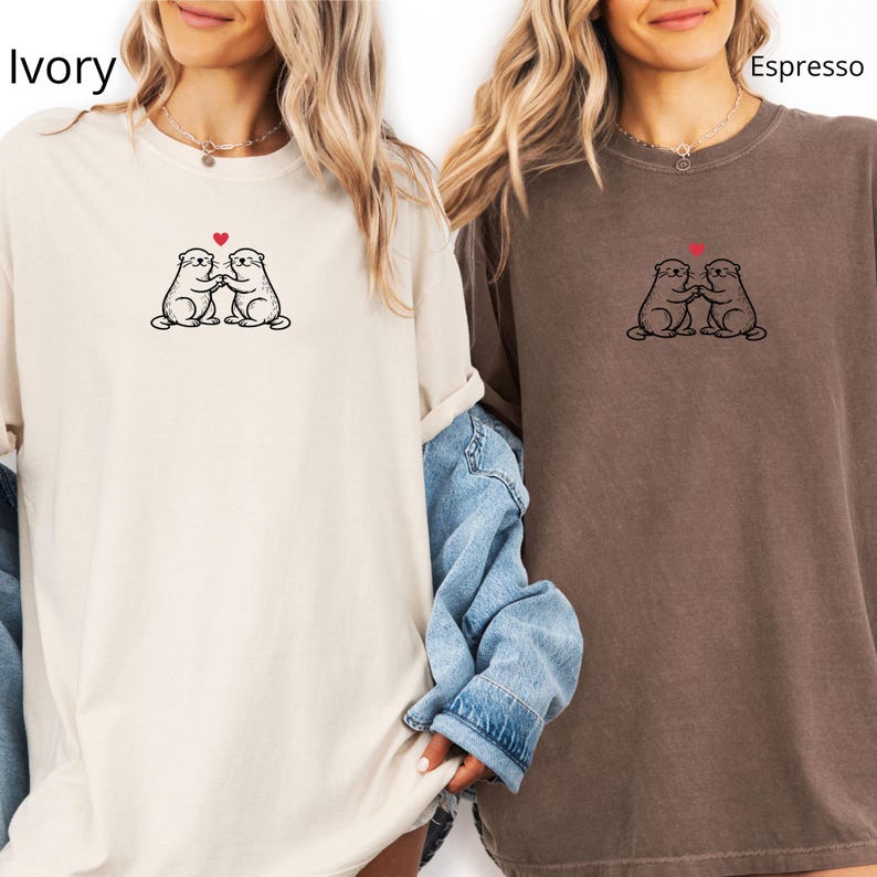 Two Otters with Heart T-Shirt, Otter Engagement, Gift for Her, Otter Half Tshirt, Love Otter T Shirt, Otter Couple Shirt