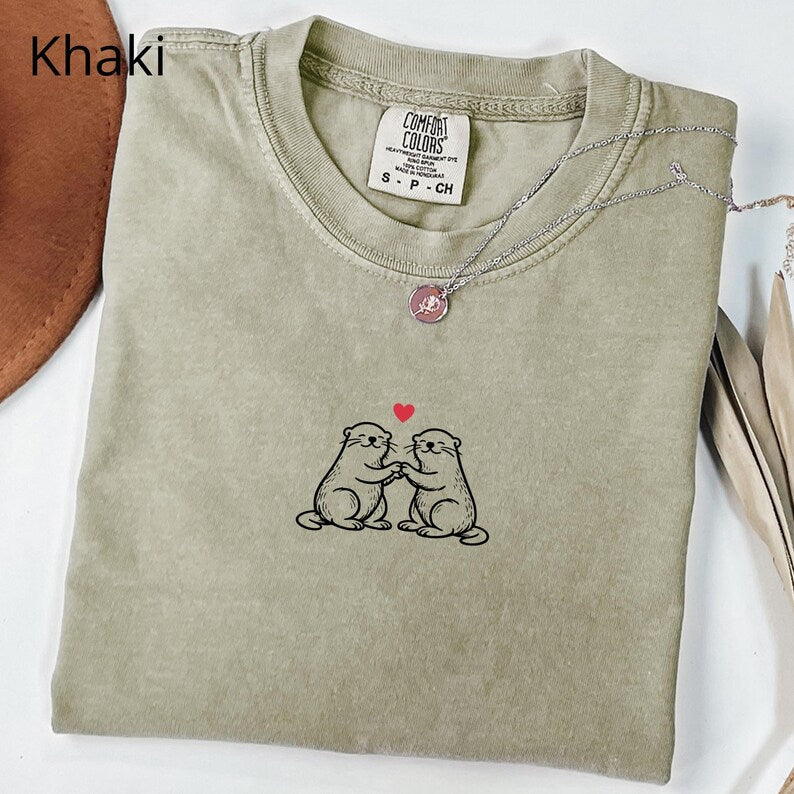 Two Otters with Heart T-Shirt, Otter Engagement, Gift for Her, Otter Half Tshirt, Love Otter T Shirt, Otter Couple Shirt