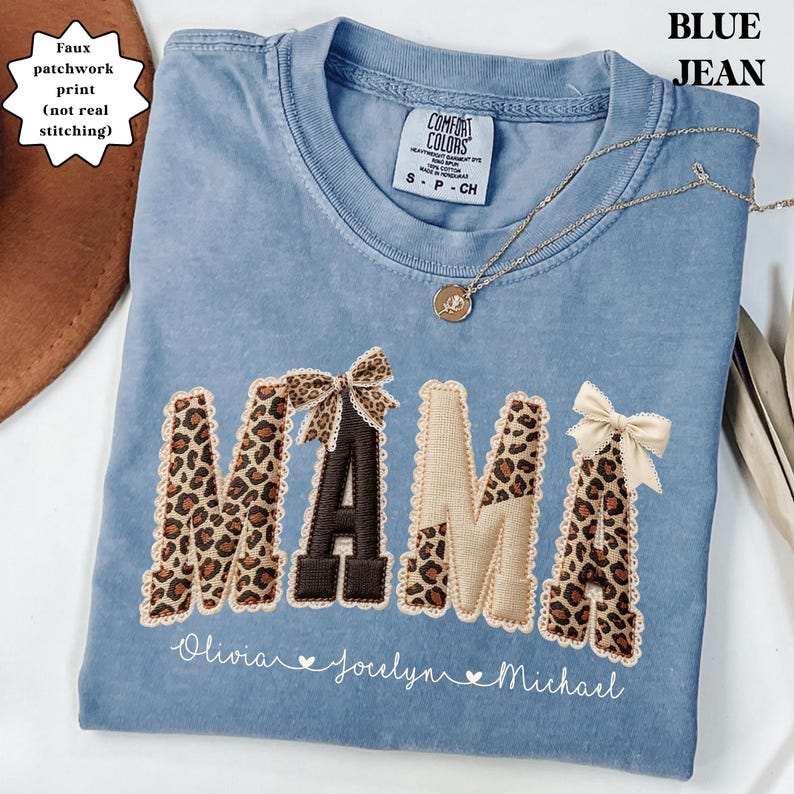 Comfort Colors® Custom Mama Shirt, Personalized Name Patchwork Shirt, Faux Embroidery Leopard Mama Tee, Coquette Mom Shirt, Mothers Day Gift