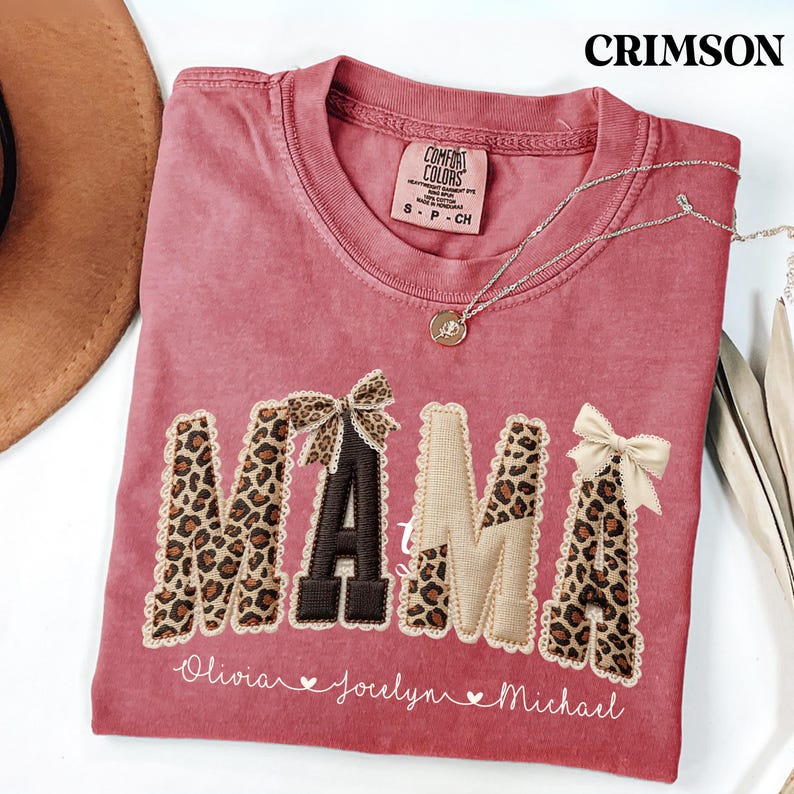 Comfort Colors® Custom Mama Shirt, Personalized Name Patchwork Shirt, Faux Embroidery Leopard Mama Tee, Coquette Mom Shirt, Mothers Day Gift