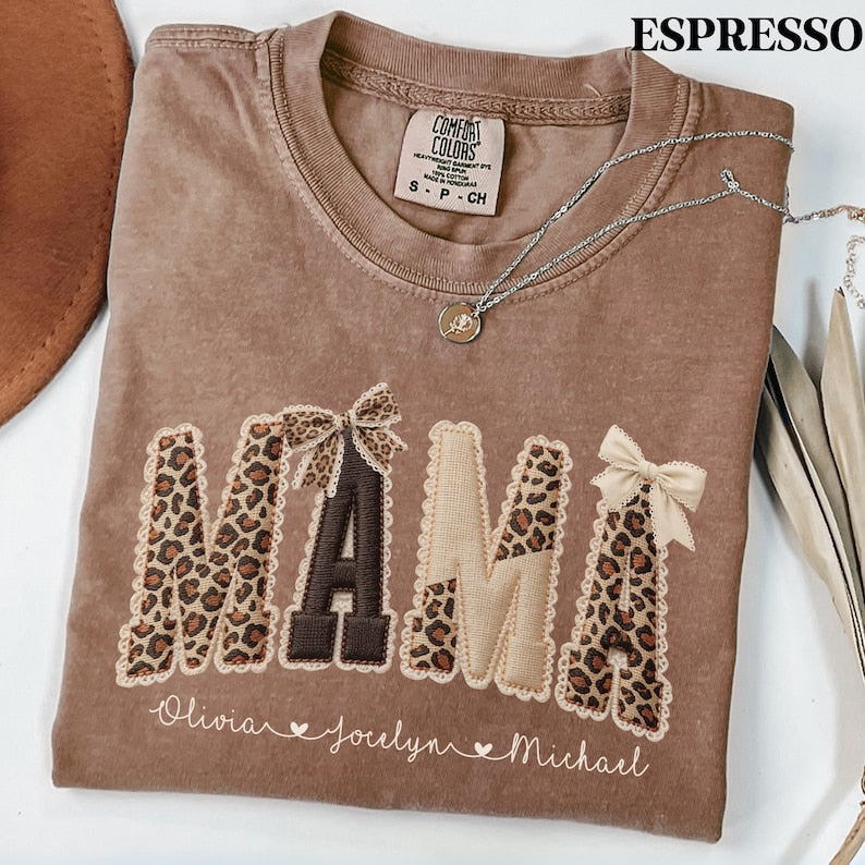 Comfort Colors® Custom Mama Shirt, Personalized Name Patchwork Shirt, Faux Embroidery Leopard Mama Tee, Coquette Mom Shirt, Mothers Day Gift