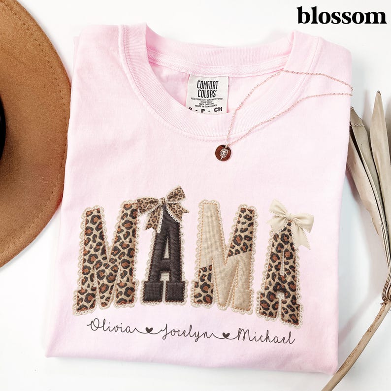 Comfort Colors® Custom Mama Shirt, Personalized Name Patchwork Shirt, Faux Embroidery Leopard Mama Tee, Coquette Mom Shirt, Mothers Day Gift