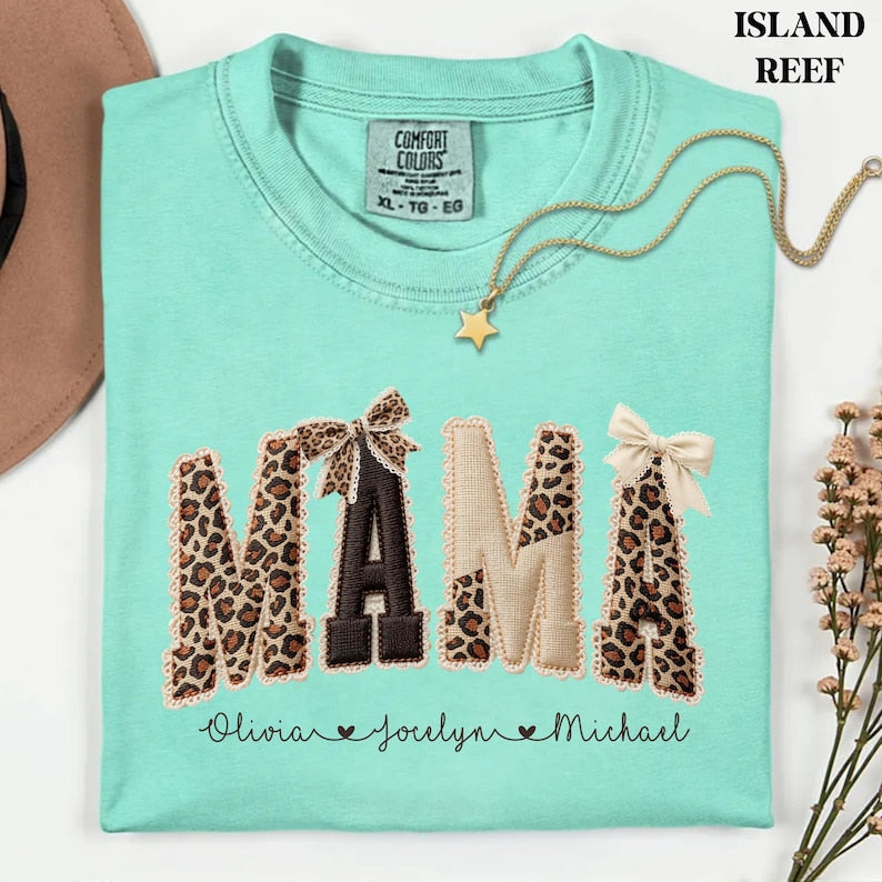 Comfort Colors® Custom Mama Shirt, Personalized Name Patchwork Shirt, Faux Embroidery Leopard Mama Tee, Coquette Mom Shirt, Mothers Day Gift