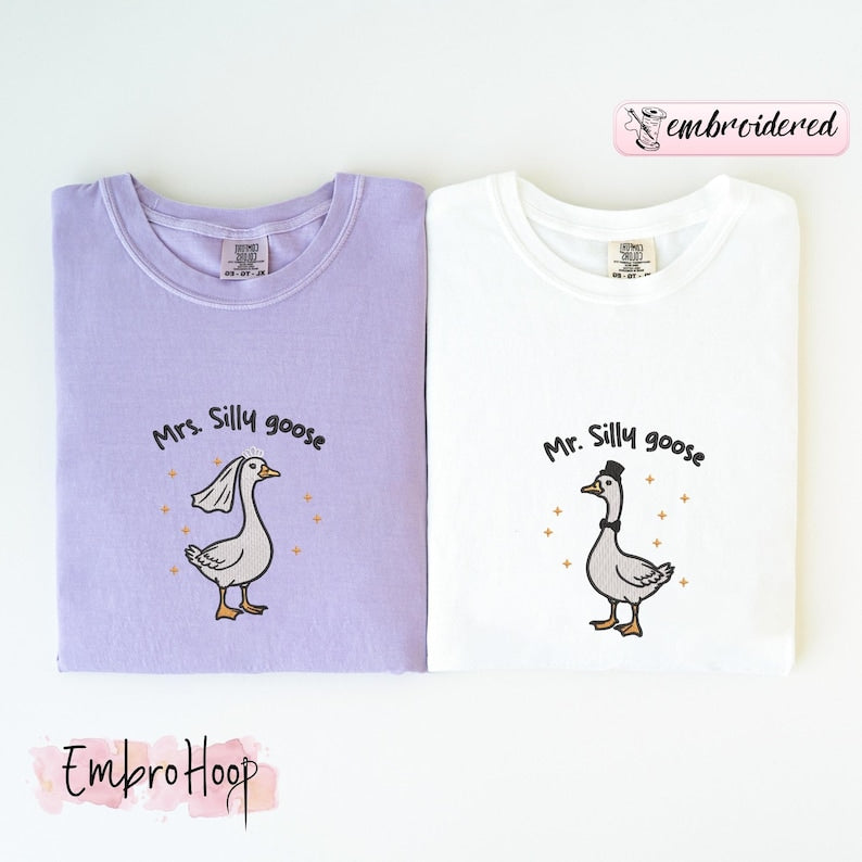 Comfort Colors® Embroidered Mrs. and Mr. Silly Goose Shirt, Newlyweds Tee, Honeymoon Tee, Matching Married Couple Tee, Couple Anniversary