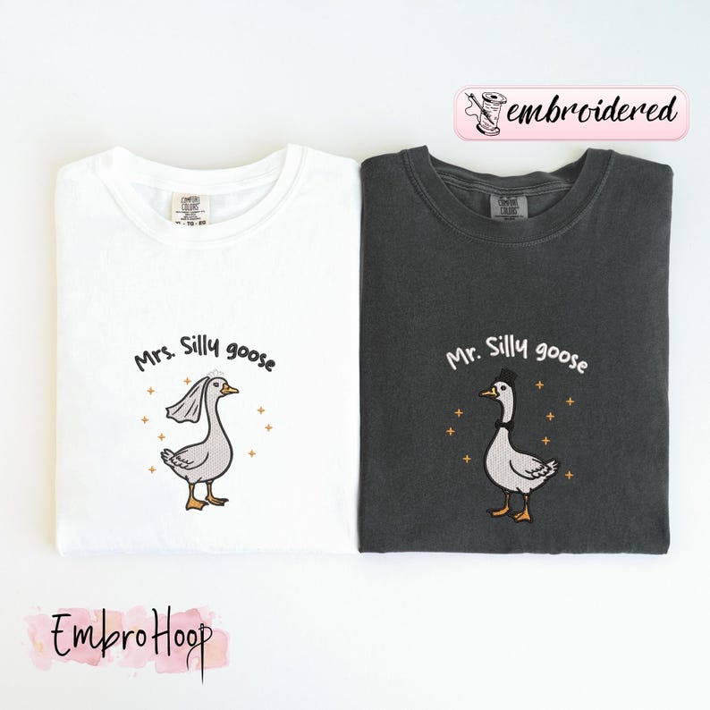 Comfort Colors® Embroidered Mrs. and Mr. Silly Goose Shirt, Newlyweds Tee, Honeymoon Tee, Matching Married Couple Tee, Couple Anniversary
