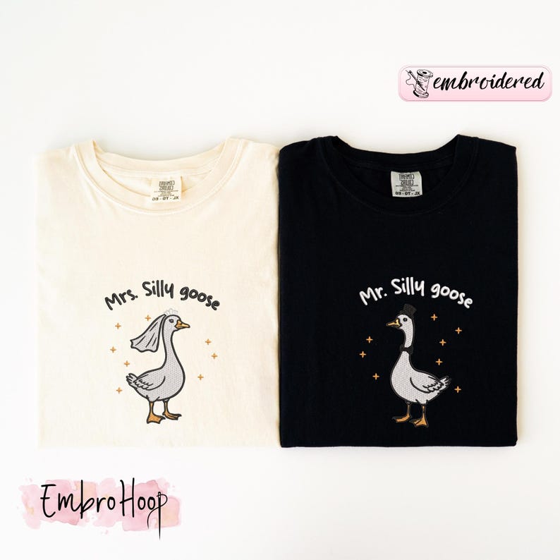Comfort Colors® Embroidered Mrs. and Mr. Silly Goose Shirt, Newlyweds Tee, Honeymoon Tee, Matching Married Couple Tee, Couple Anniversary