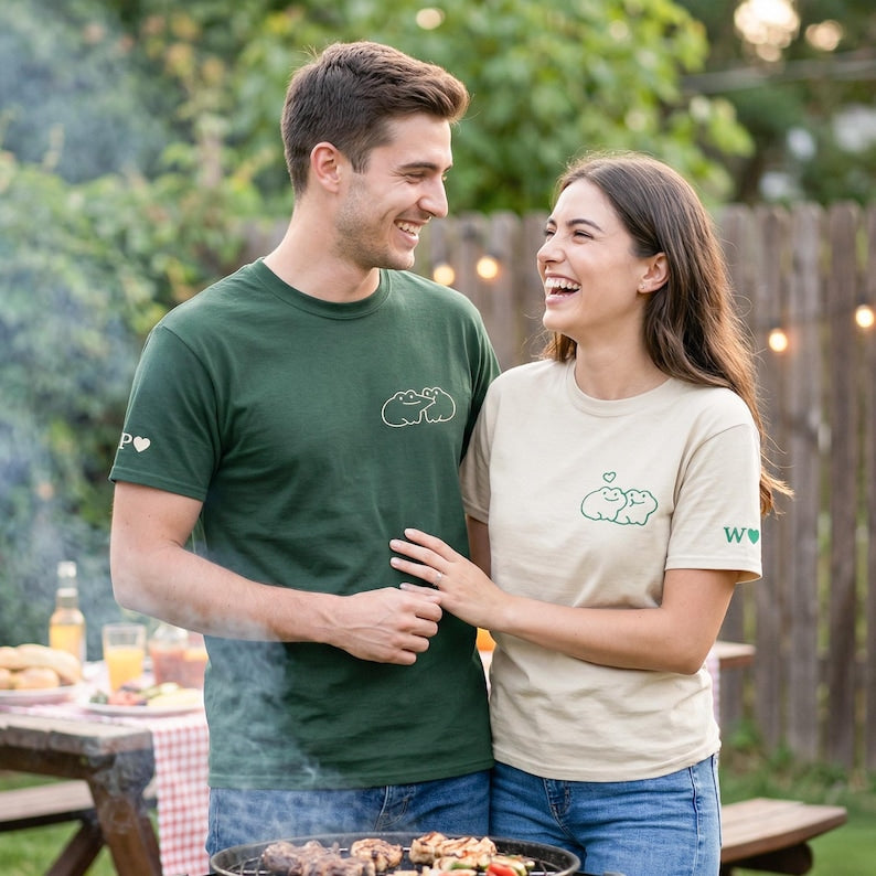 Frog Couple Shirt with Initial on Sleeve, Custom Embroidered His and Hers Shirts, Matching Couple Hoodies,1st Anniversary Gift for Boyfriend