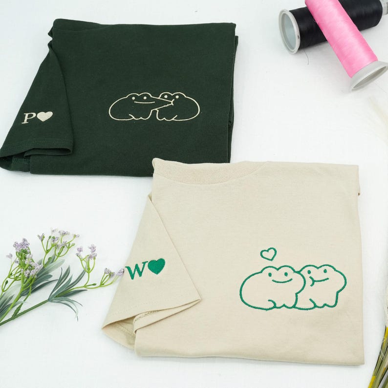 Frog Couple Shirt with Initial on Sleeve, Custom Embroidered His and Hers Shirts, Matching Couple Hoodies,1st Anniversary Gift for Boyfriend