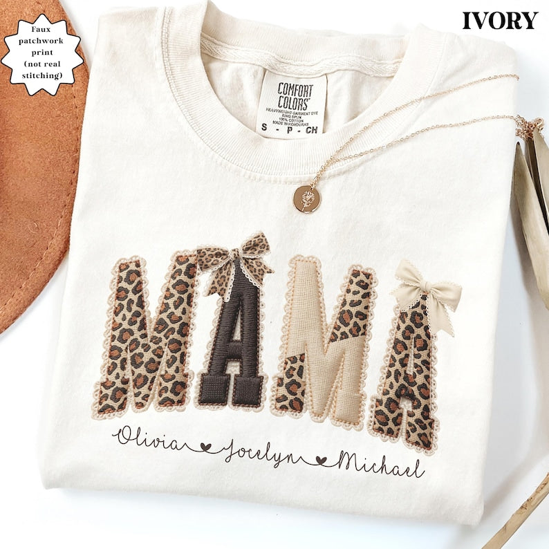 Comfort Colors® Custom Mama Shirt, Personalized Name Patchwork Shirt, Faux Embroidery Leopard Mama Tee, Coquette Mom Shirt, Mothers Day Gift