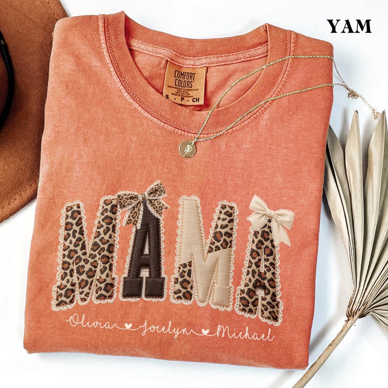 Comfort Colors® Custom Mama Shirt, Personalized Name Patchwork Shirt, Faux Embroidery Leopard Mama Tee, Coquette Mom Shirt, Mothers Day Gift