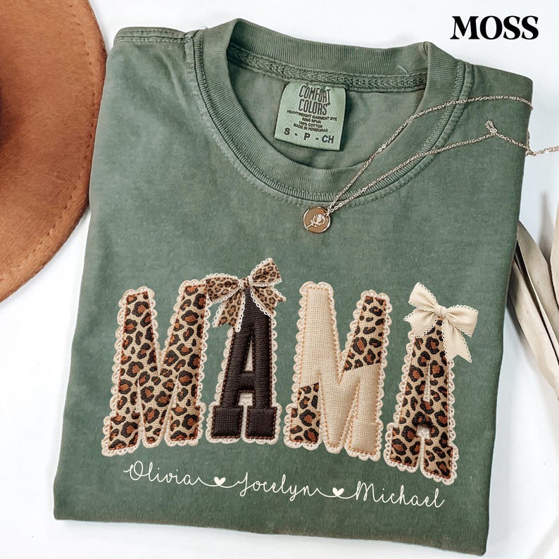 Comfort Colors® Custom Mama Shirt, Personalized Name Patchwork Shirt, Faux Embroidery Leopard Mama Tee, Coquette Mom Shirt, Mothers Day Gift