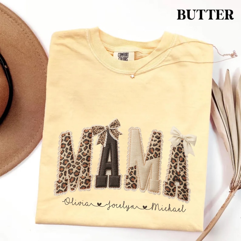 Comfort Colors® Custom Mama Shirt, Personalized Name Patchwork Shirt, Faux Embroidery Leopard Mama Tee, Coquette Mom Shirt, Mothers Day Gift
