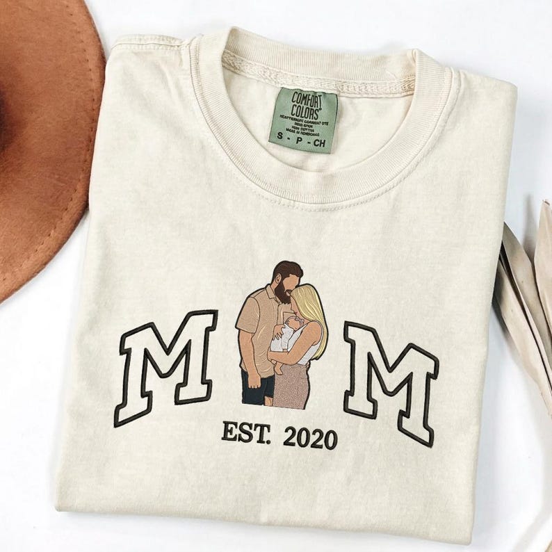 Embroidered mom tshirt, Custom Photo And Year Embroidered mother tshirt, Personalized Mom and Child Shirt, Comfort Colors Tee