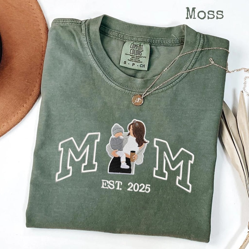 Embroidered mom tshirt, Custom Photo And Year Embroidered mother tshirt, Personalized Mom and Child Shirt, Comfort Colors Tee