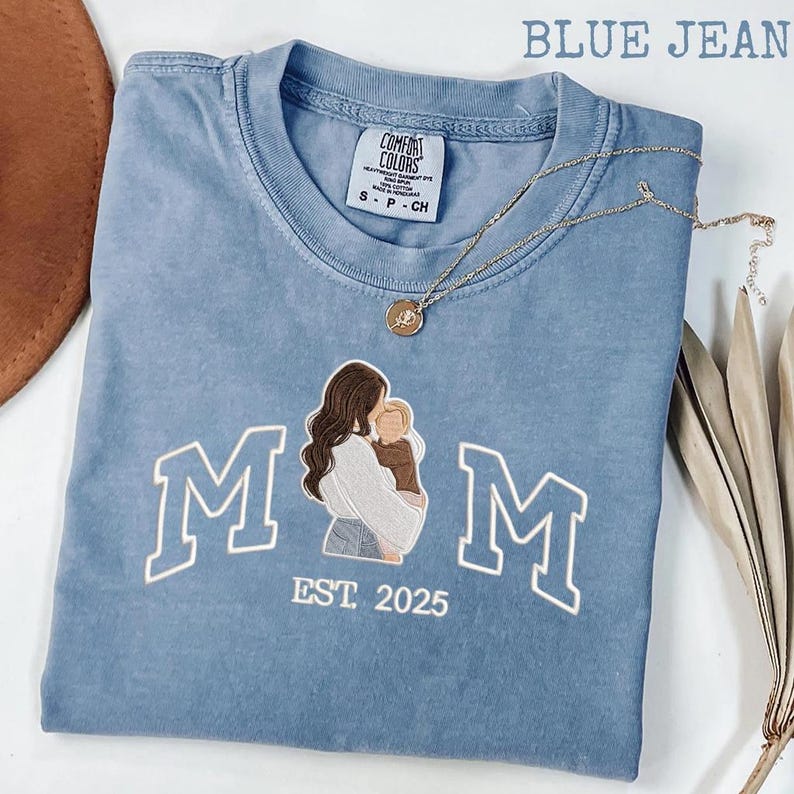 Embroidered mom tshirt, Custom Photo And Year Embroidered mother tshirt, Personalized Mom and Child Shirt, Comfort Colors Tee