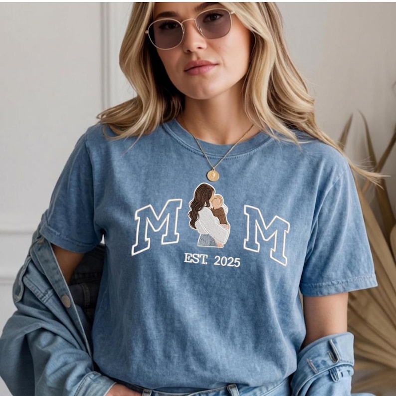 Embroidered mom tshirt, Custom Photo And Year Embroidered mother tshirt, Personalized Mom and Child Shirt, Comfort Colors Tee