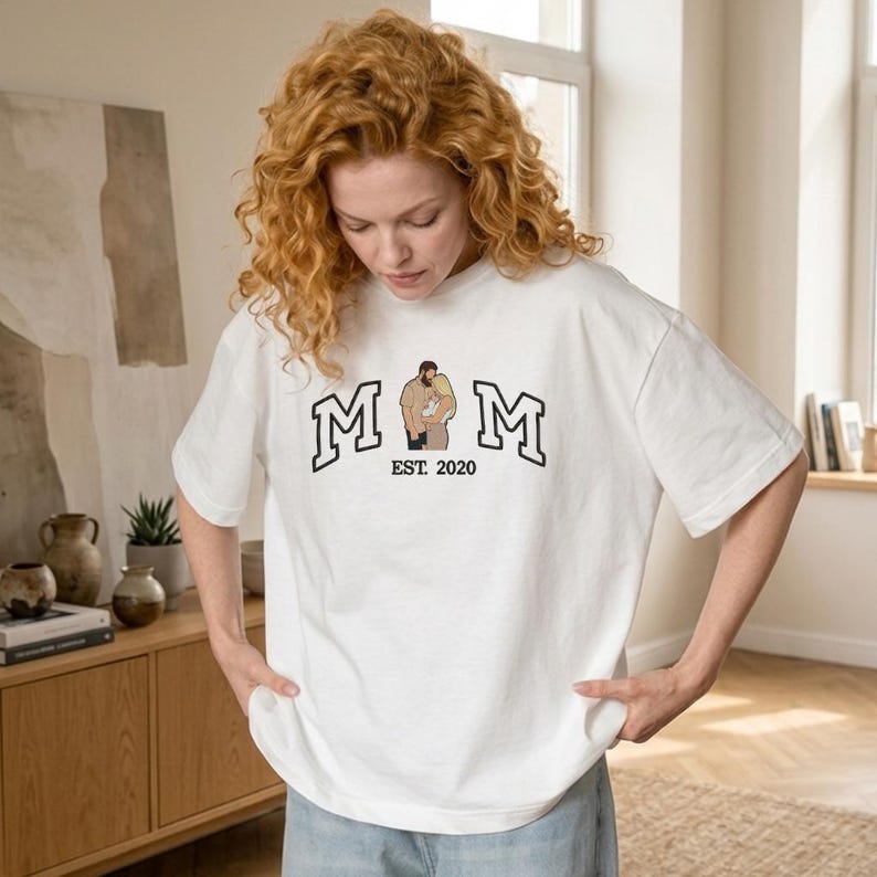 Embroidered mom tshirt, Custom Photo And Year Embroidered mother tshirt, Personalized Mom and Child Shirt, Comfort Colors Tee
