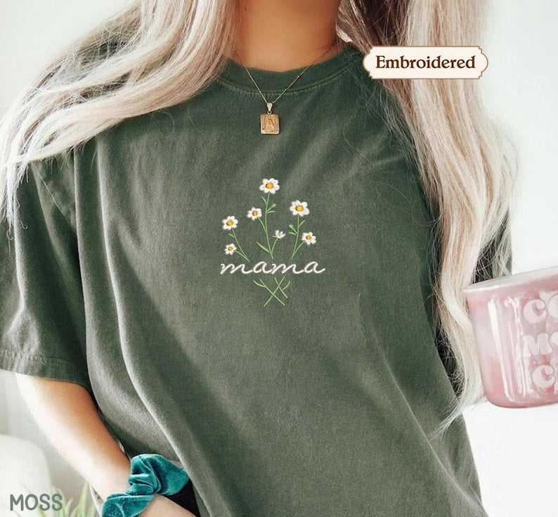 Mama Comfort Colors Embroidered Shirt, Floral Mom Shirt, Mama Embroidery, Mother’s Day Gift, New Mom Gift, Gift for Moms, Aesthetic Mom Tee