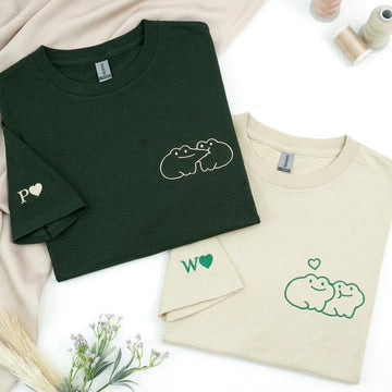 Frog Couple Shirt with Initial on Sleeve, Custom Embroidered His and Hers Shirts, Matching Couple Hoodies,1st Anniversary Gift for Boyfriend