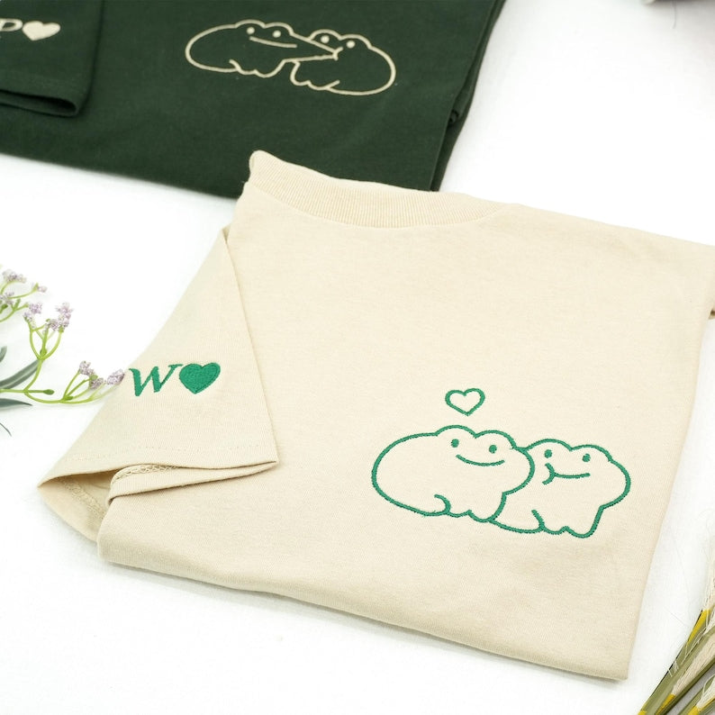 Frog Couple Shirt with Initial on Sleeve, Custom Embroidered His and Hers Shirts, Matching Couple Hoodies,1st Anniversary Gift for Boyfriend