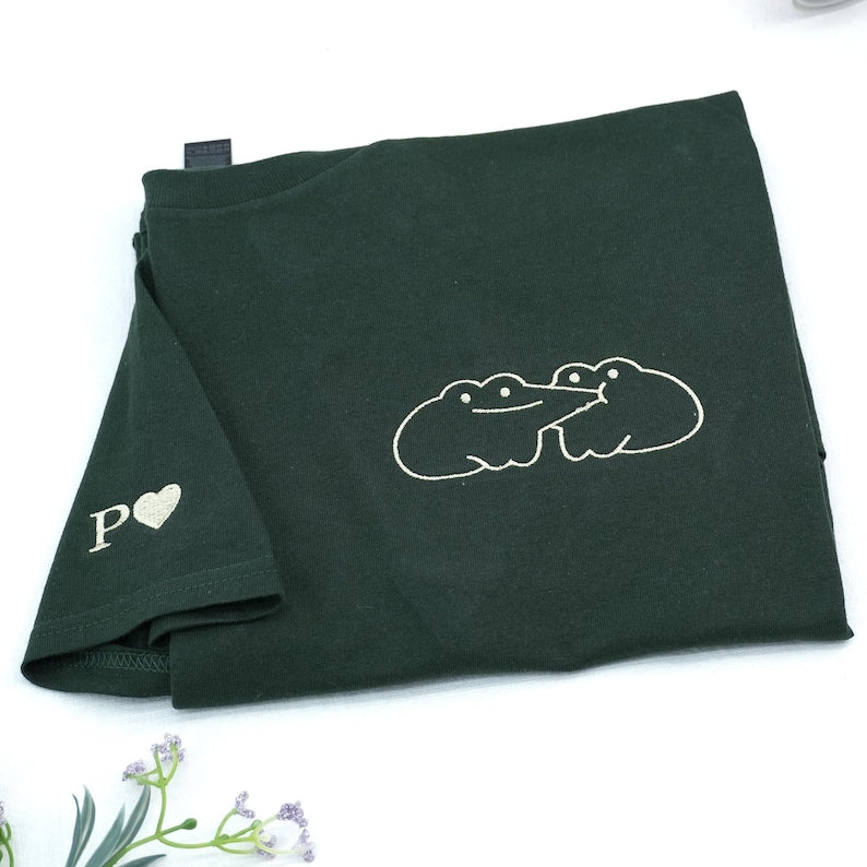 Frog Couple Shirt with Initial on Sleeve, Custom Embroidered His and Hers Shirts, Matching Couple Hoodies,1st Anniversary Gift for Boyfriend