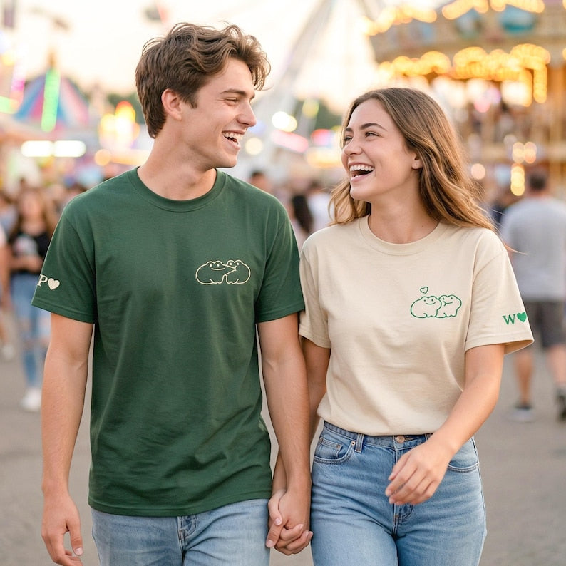 Frog Couple Shirt with Initial on Sleeve, Custom Embroidered His and Hers Shirts, Matching Couple Hoodies,1st Anniversary Gift for Boyfriend