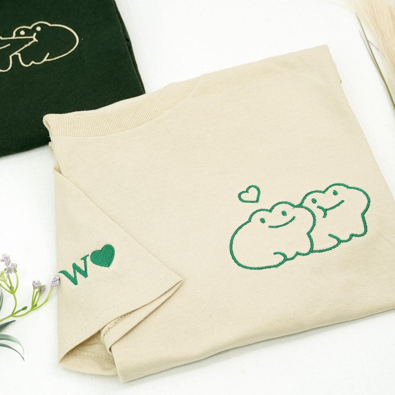 Frog Couple Shirt with Initial on Sleeve, Custom Embroidered His and Hers Shirts, Matching Couple Hoodies,1st Anniversary Gift for Boyfriend
