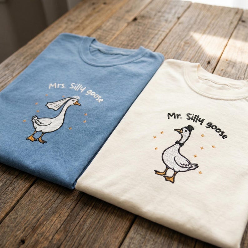 Comfort Colors® Embroidered Mrs. and Mr. Silly Goose Shirt, Newlyweds Tee, Honeymoon Tee, Matching Married Couple Tee, Couple Anniversary