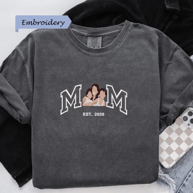 Custom Embroidered Shirt Mama and Kids Portrait, Mama Shirt with Photo, Varsity Shirt, Custom Embroidery Shirt For Mom Mama Mommy