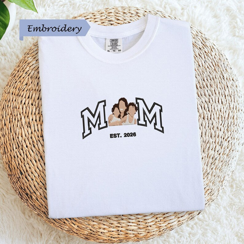 Custom Embroidered Shirt Mama and Kids Portrait, Mama Shirt with Photo, Varsity Shirt, Custom Embroidery Shirt For Mom Mama Mommy