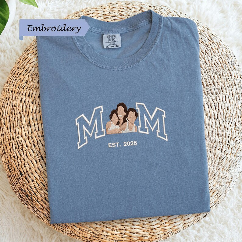 Custom Embroidered Shirt Mama and Kids Portrait, Mama Shirt with Photo, Varsity Shirt, Custom Embroidery Shirt For Mom Mama Mommy