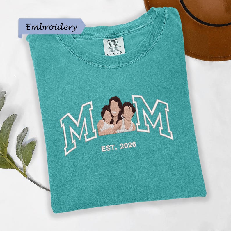 Custom Embroidered Shirt Mama and Kids Portrait, Mama Shirt with Photo, Varsity Shirt, Custom Embroidery Shirt For Mom Mama Mommy