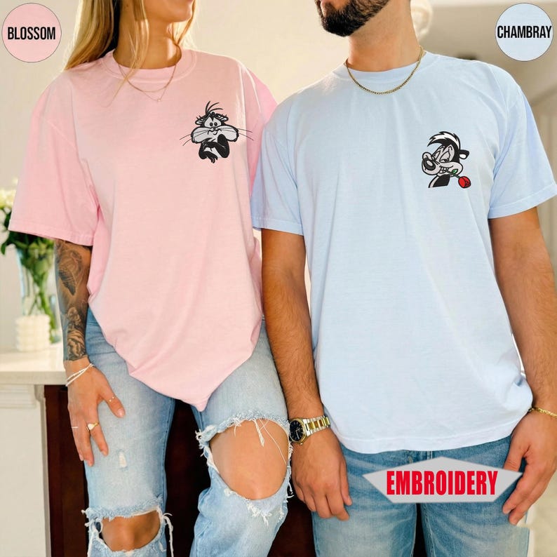 Custom Embroidered Pepe Le Pew and Penelope Shirt, Anniversary Matching Valentine Couple Tee