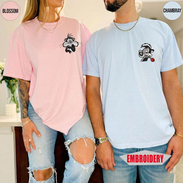 Custom Embroidered Pepe Le Pew and Penelope Shirt, Anniversary Matching Valentine Couple Tee