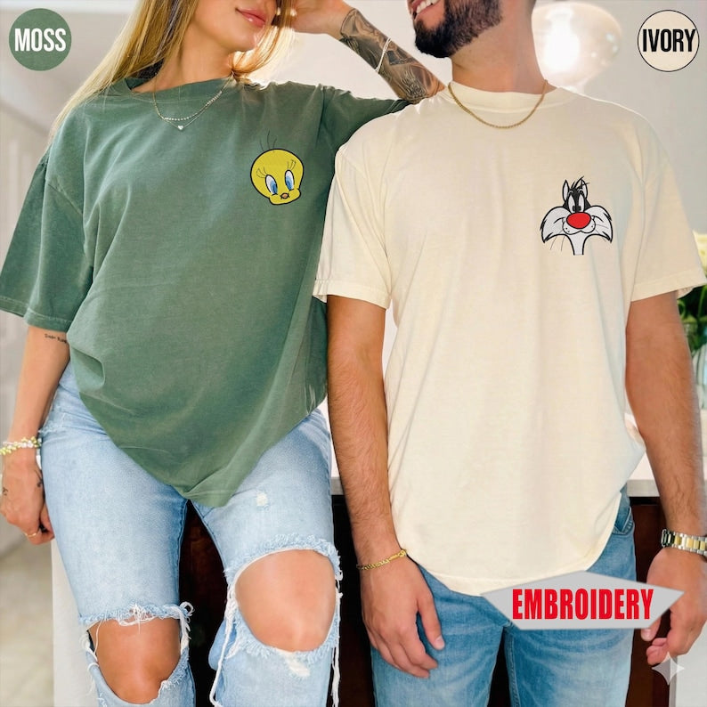 Custom Embroidered Pepe Le Pew and Penelope Shirt, Anniversary Matching Valentine Couple Tee