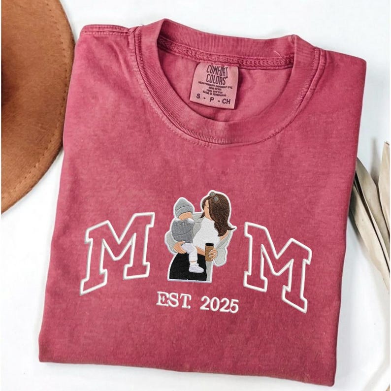 Embroidered mom tshirt, Custom Photo And Year Embroidered mother tshirt, Personalized Mom and Child Shirt, Comfort Colors Tee