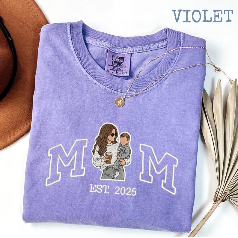 Embroidered mom tshirt, Custom Photo And Year Embroidered mother tshirt, Personalized Mom and Child Shirt, Comfort Colors Tee