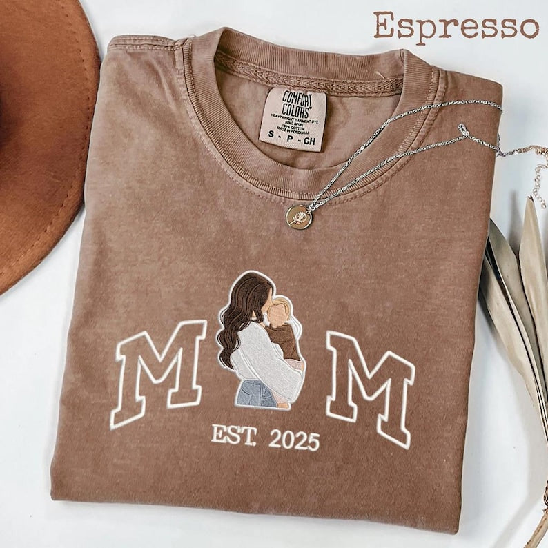 Embroidered mom tshirt, Custom Photo And Year Embroidered mother tshirt, Personalized Mom and Child Shirt, Comfort Colors Tee
