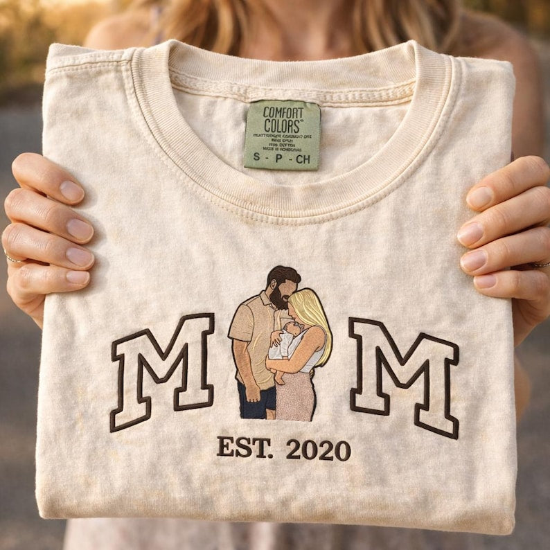 Embroidered mom tshirt, Custom Photo And Year Embroidered mother tshirt, Personalized Mom and Child Shirt, Comfort Colors Tee